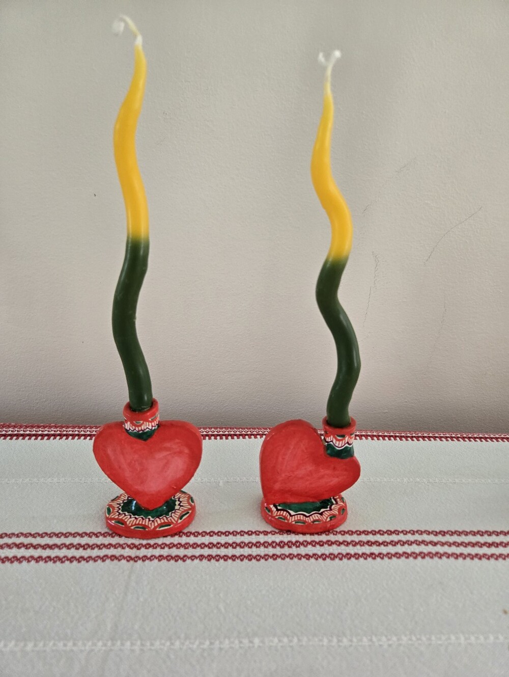 Handpainted Mexican Heart Candle Holders with HandmadeYellow-Green Twist Candles